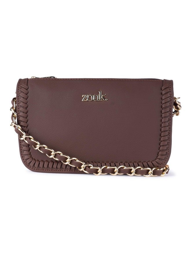 ZOUK حقيبة كتف صغيرة من زوك للنساء | حقيبة كتف أنيقة من الجلد النباتي مع مقبض سلسلة ذهبية | مقاومة للماء | حقيبة يد أنيقة مصنوعة يدويًا | أسود فاحم - Image 1